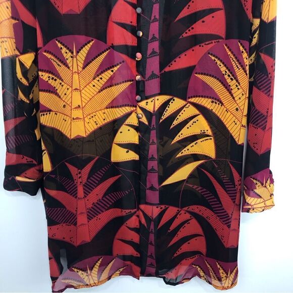 Nieves Lavi 100% Silk Black Red Yellow Tribal Tropical Semi Sheer Tunic Blouse - Picture 8 of 12